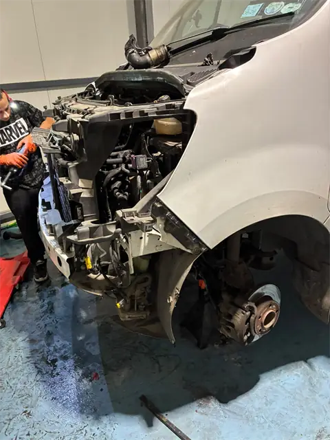 Front-end teardown for engine removal on a Ford Transit van at Car Fix Mechanic, Dublin 22