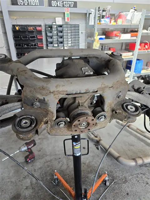 Rear subframe and differential removed for bush and mount overhaul at Car Fix Mechanic, Clondalkin